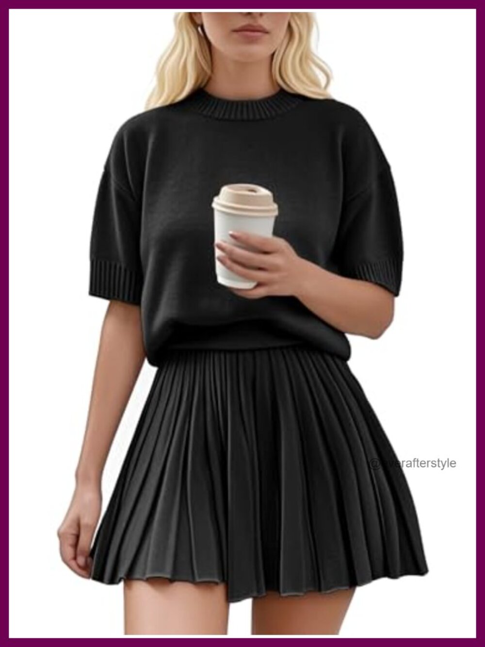 Women's 2 Piece Knit Top & Pleated Mini Skirt Set Short Sleeve Crewneck
